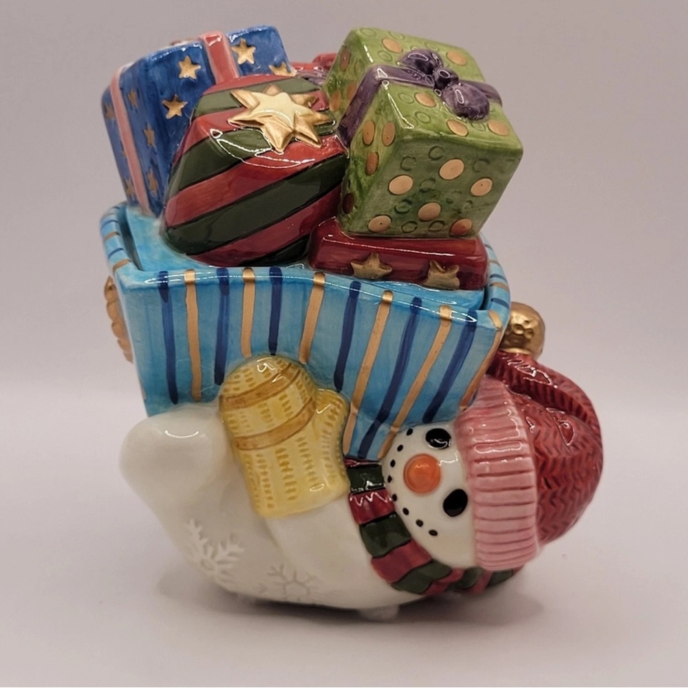 Fitz & Floyd Snowman with Gifts Ceramic Candy Dish Frosty Folk Trinket Box 5.5"